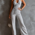 ElevenOra Chic Elegant Light Gray Round-Neck Cutout Detail Sleeveless Tie-Waist Slim-Fit Ribbed Knit Wide-Leg Jumpsuit