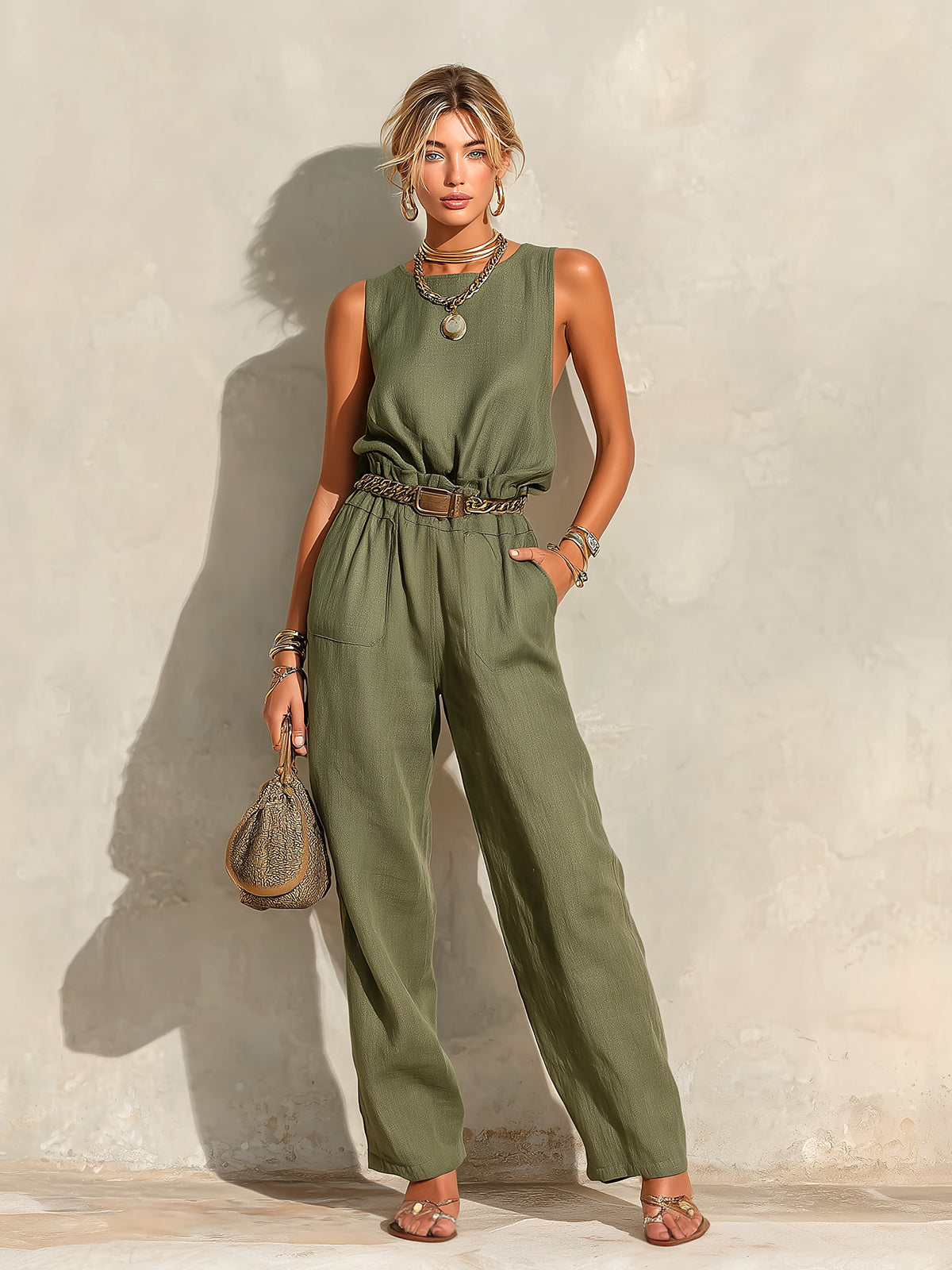 ElevenOra Chic Elegant Army Green Cotton-Linen Blend Round-Neck Sleeveless Belted Patch Pockets Loose-Fit Straight-Leg Jumpsuit