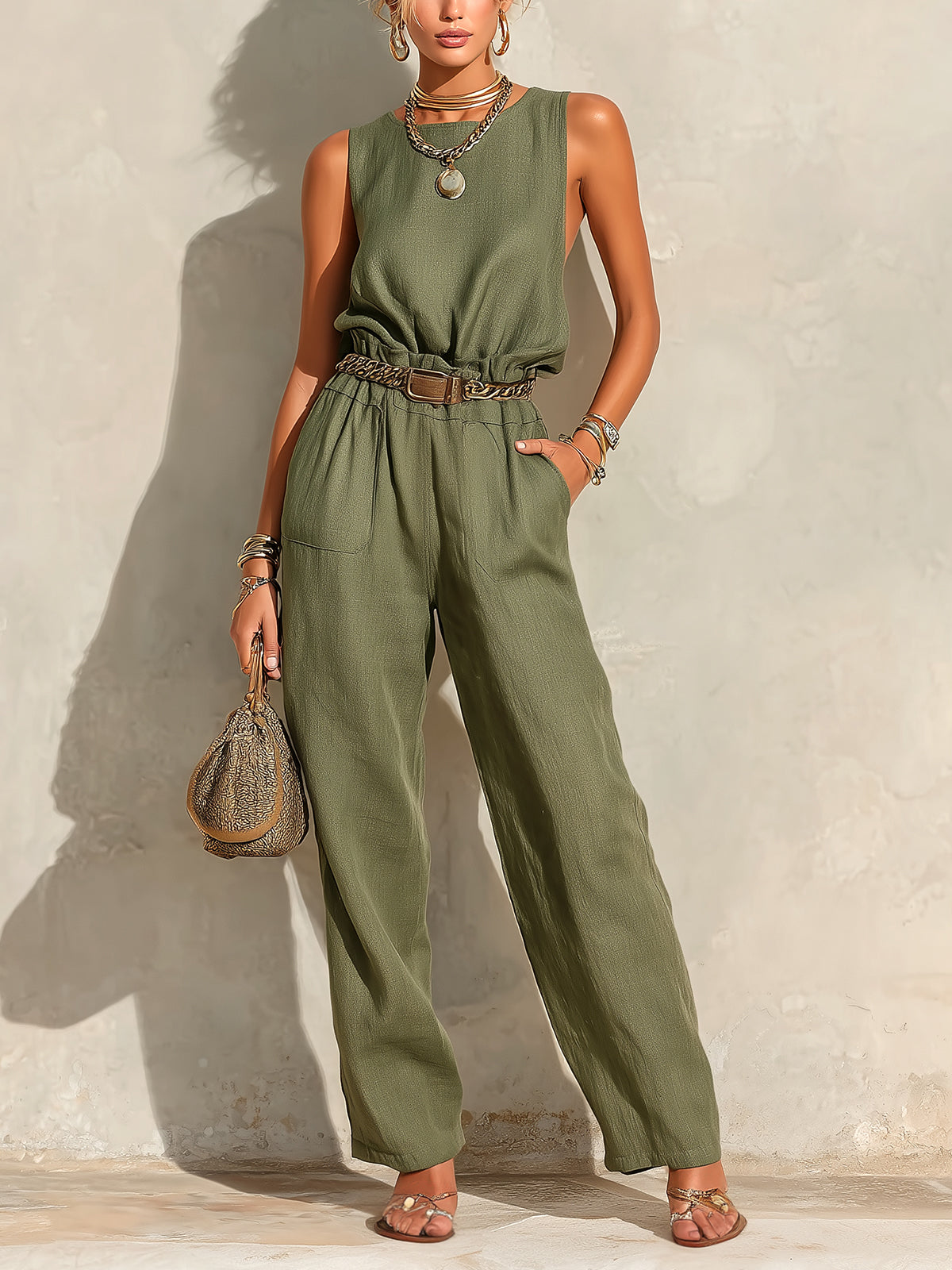 ElevenOra Chic Elegant Army Green Cotton-Linen Blend Round-Neck Sleeveless Belted Patch Pockets Loose-Fit Straight-Leg Jumpsuit