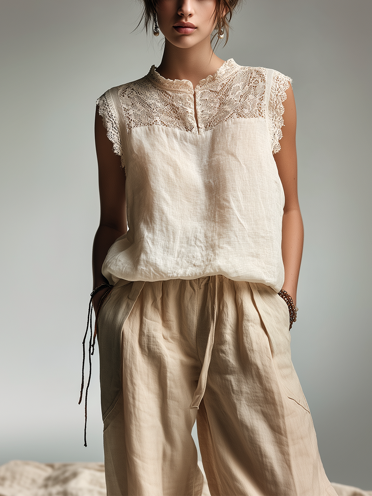 ElevenOra Chic Casual Beige Henley Neck Lace Yoke Sleeveless Loose-Fit Cotton-Linen Blend Vest Top