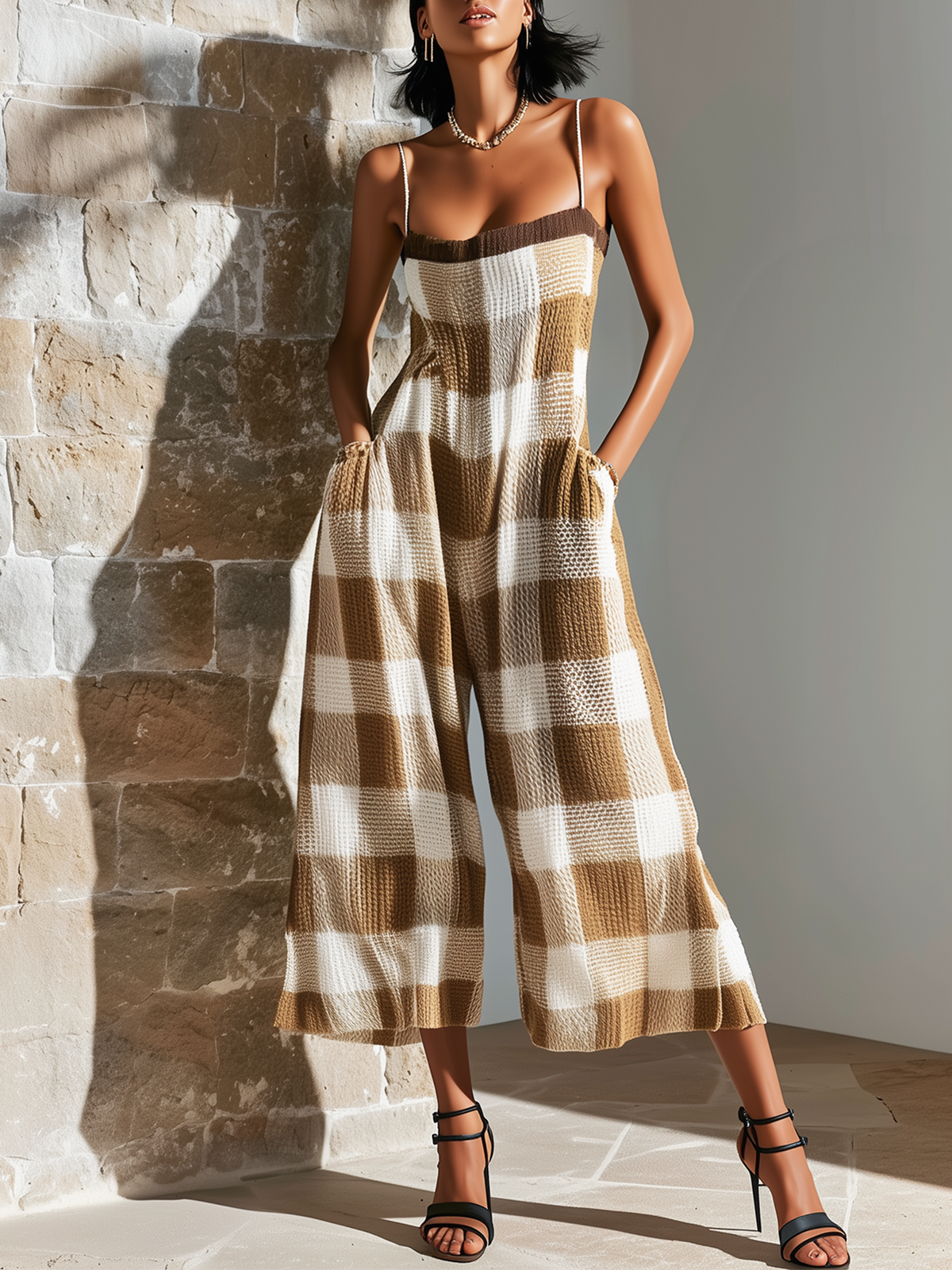 ElevenOra Chic Elegant Camel Spaghetti-Strap Square-Neck Plaid Jacquard Sleeveless Loose-Fit Wide-Leg Knit Jumpsuit