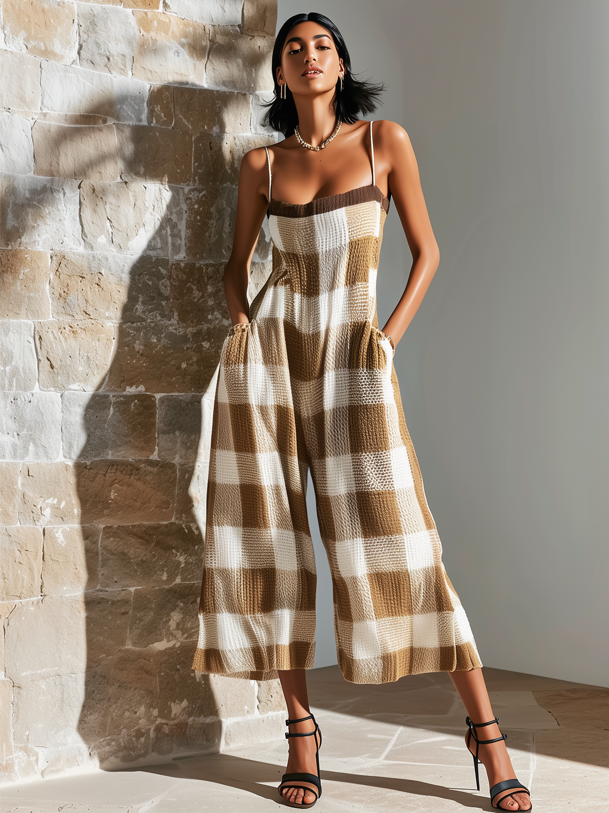 ElevenOra Chic Elegant Camel Spaghetti-Strap Square-Neck Plaid Jacquard Sleeveless Loose-Fit Wide-Leg Knit Jumpsuit