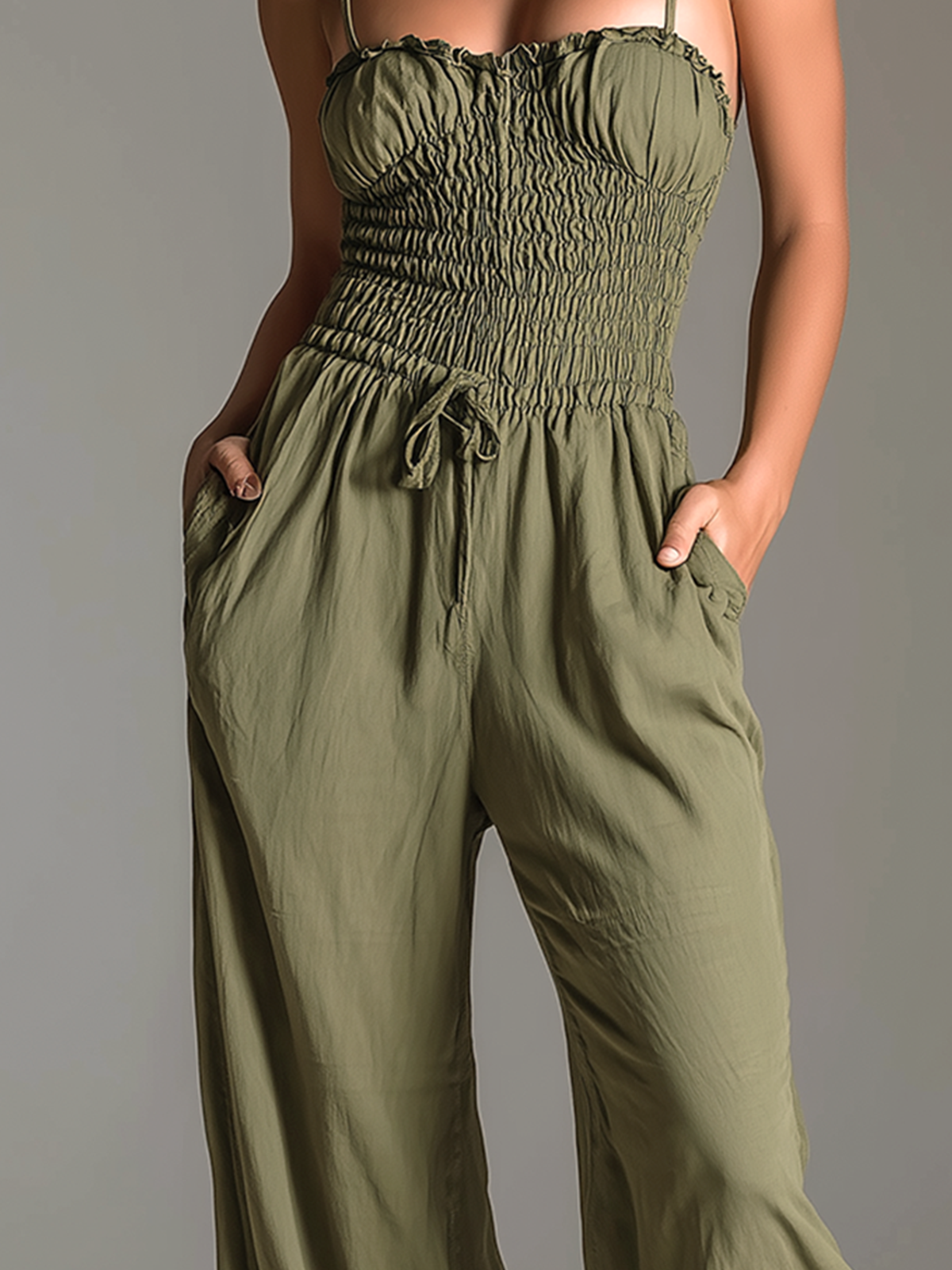 ElevenOra Chic Elegant Olive Green Spaghetti-Strap Ruffled Trim Sleeveless Smocked Elastic-Waist Cotton-Linen Blend Wide-Leg Jumpsuit