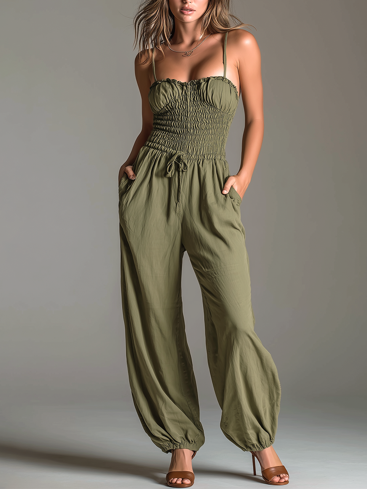 ElevenOra Chic Elegant Olive Green Spaghetti-Strap Ruffled Trim Sleeveless Smocked Elastic-Waist Cotton-Linen Blend Wide-Leg Jumpsuit