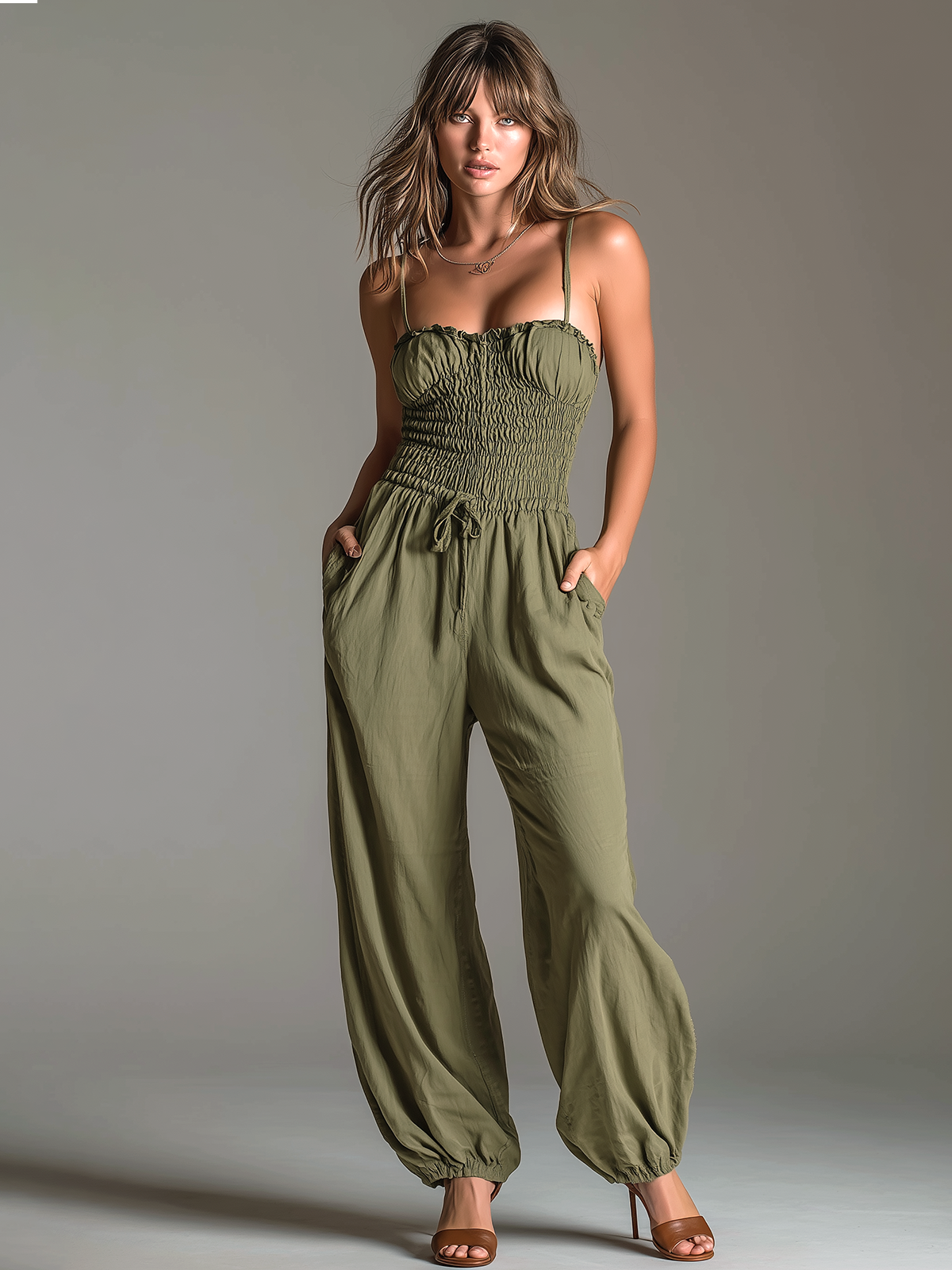 ElevenOra Chic Elegant Olive Green Spaghetti-Strap Ruffled Trim Sleeveless Smocked Elastic-Waist Cotton-Linen Blend Wide-Leg Jumpsuit