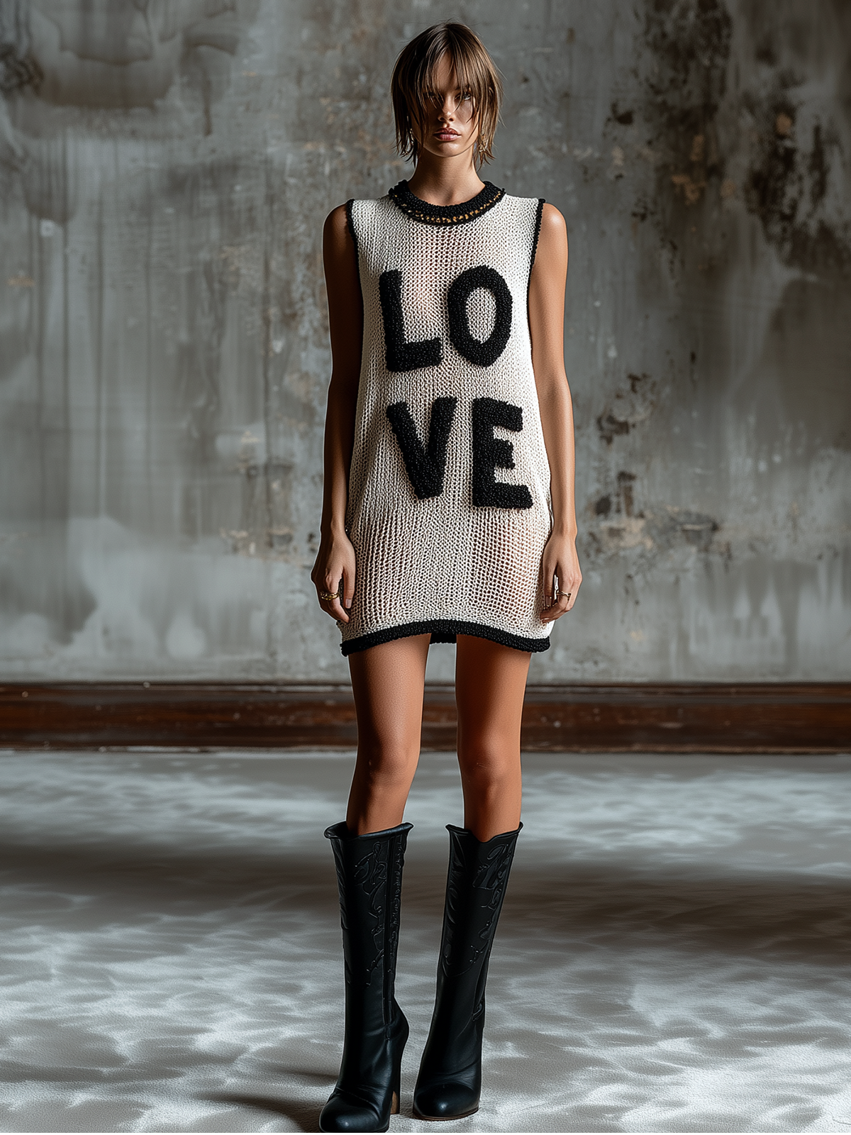 ElevenOra Chic Casual White-Black Colorblock Chenille Embroidery Round-Neck Sleeveless Loose-Fit Knit Mini Dress