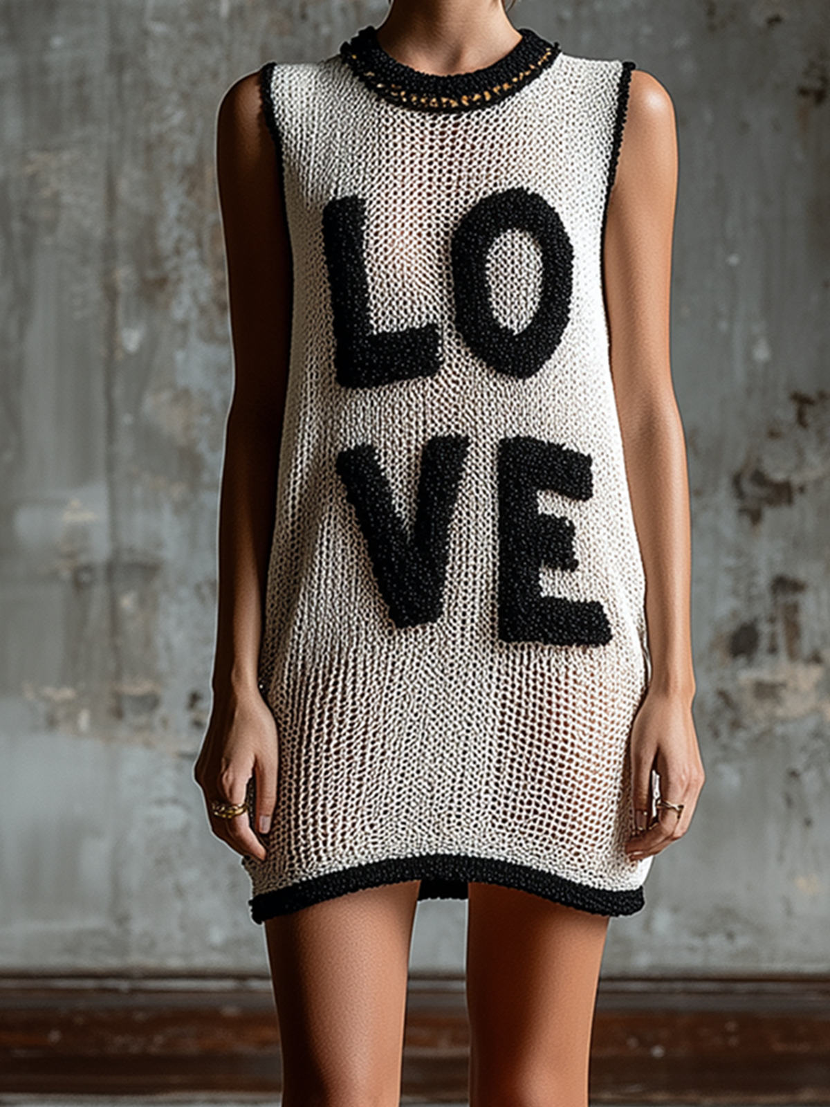 ElevenOra Chic Casual White-Black Colorblock Chenille Embroidery Round-Neck Sleeveless Loose-Fit Knit Mini Dress