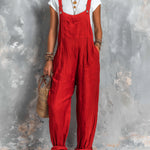 ElevenOra Chic Elegant Red Cotton-Linen Blend Square-Neck Sleeveless Patch Pocket Loose-Fit Jumpsuit