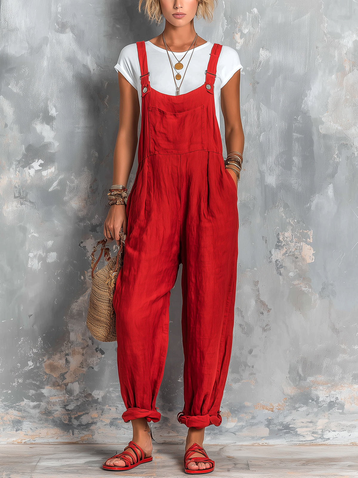 ElevenOra Chic Elegant Red Cotton-Linen Blend Square-Neck Sleeveless Patch Pocket Loose-Fit Jumpsuit