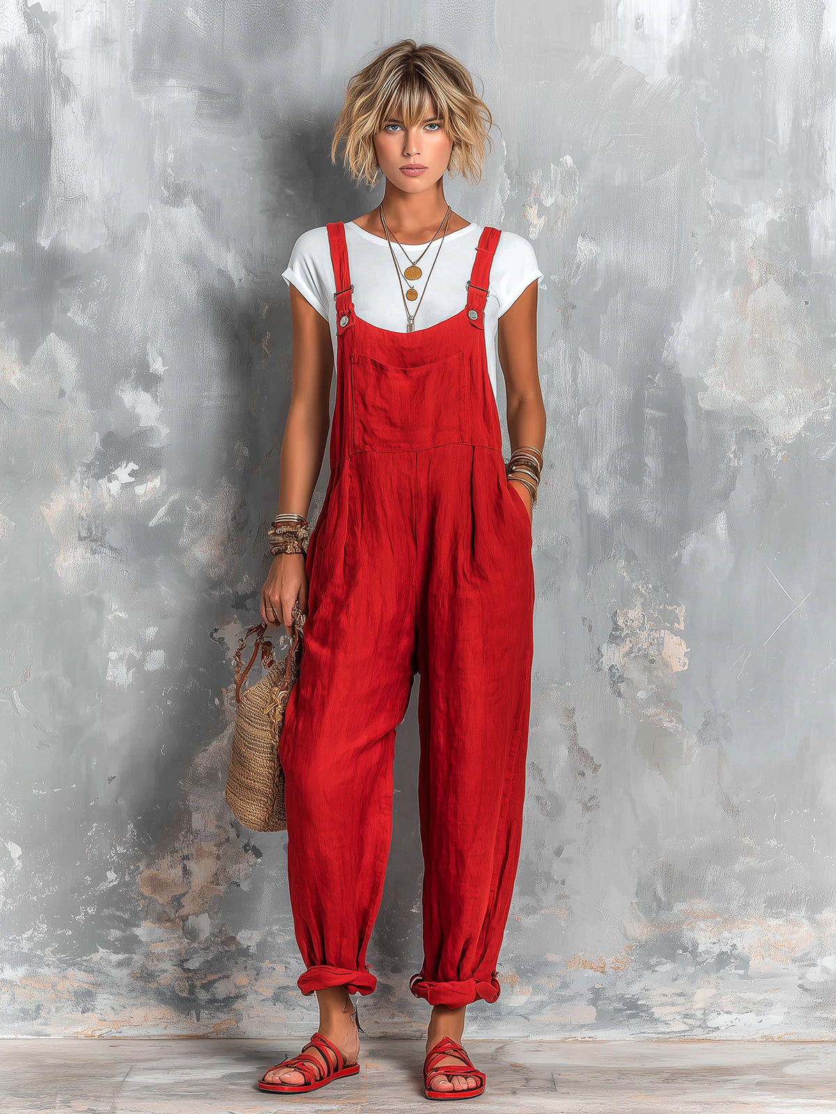 ElevenOra Chic Elegant Red Cotton-Linen Blend Square-Neck Sleeveless Patch Pocket Loose-Fit Jumpsuit