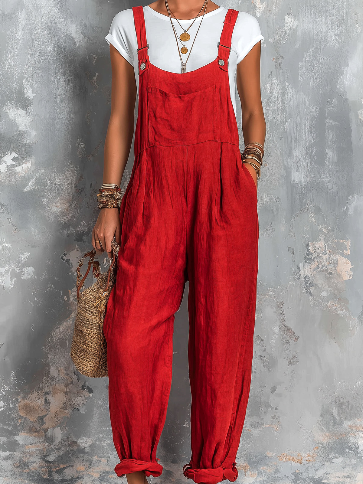 ElevenOra Chic Elegant Red Cotton-Linen Blend Square-Neck Sleeveless Patch Pocket Loose-Fit Jumpsuit