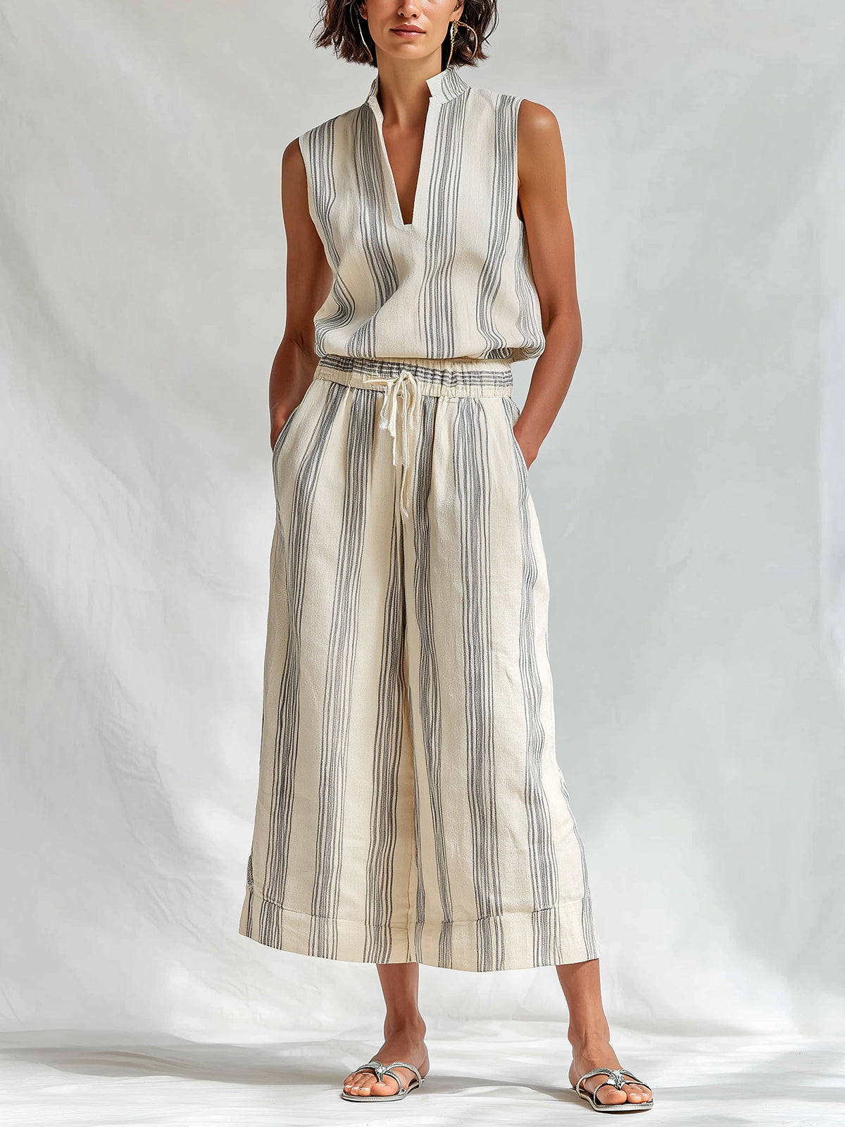 ElevenOra Chic Elegant Beige-Gray Stripes Cotton-Linen Blend Stand Collar V-Neck Sleeveless Vest Drawstring-Waist Wide-Leg Cropped Pants Two-Piece Set