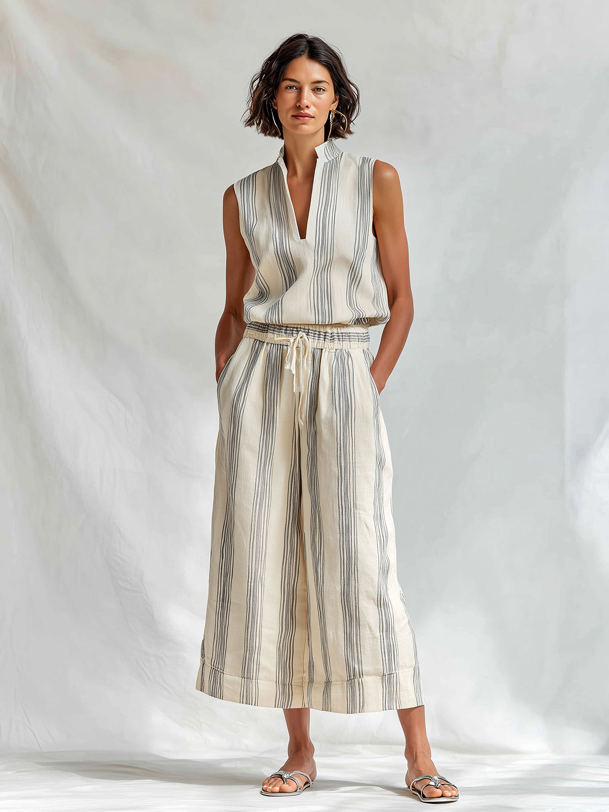 ElevenOra Chic Elegant Beige-Gray Stripes Cotton-Linen Blend Stand Collar V-Neck Sleeveless Vest Drawstring-Waist Wide-Leg Cropped Pants Two-Piece Set