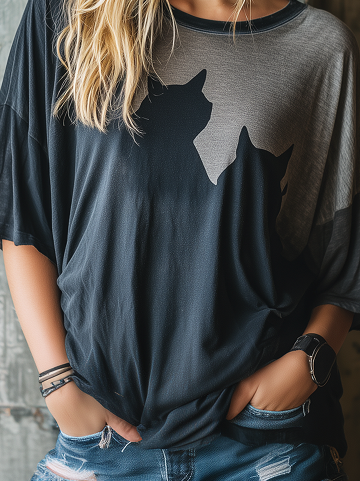 ElevenOra Chic Casual Washed Charcoal Round-Neck Cat Silhouette Print Short-Sleeve Oversize Cotton Blend T-Shirt Top