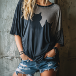 ElevenOra Chic Casual Washed Charcoal Round-Neck Cat Silhouette Print Short-Sleeve Oversize Cotton Blend T-Shirt Top