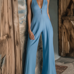 ElevenOra Chic Elegant Blue V-Neck Button Detail Sleeveless Loose-Fit Cotton-Linen Blend Wide-Leg Jumpsuit