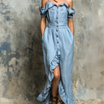ElevenOra Chic Elegant Blue Spaghetti Straps Cold-Shoulder Button-Front Patch Pockets Ruffle Hem Cotton-Linen Blend Maxi Dress