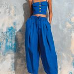 ElevenOra Chic Elegant Klein Blue Cotton-Linen Blend Spaghetti-Strap Square-Neck Sleeveless Button-Front Patch PocketsTank Top Wide-Leg Pants Two-Piece Set