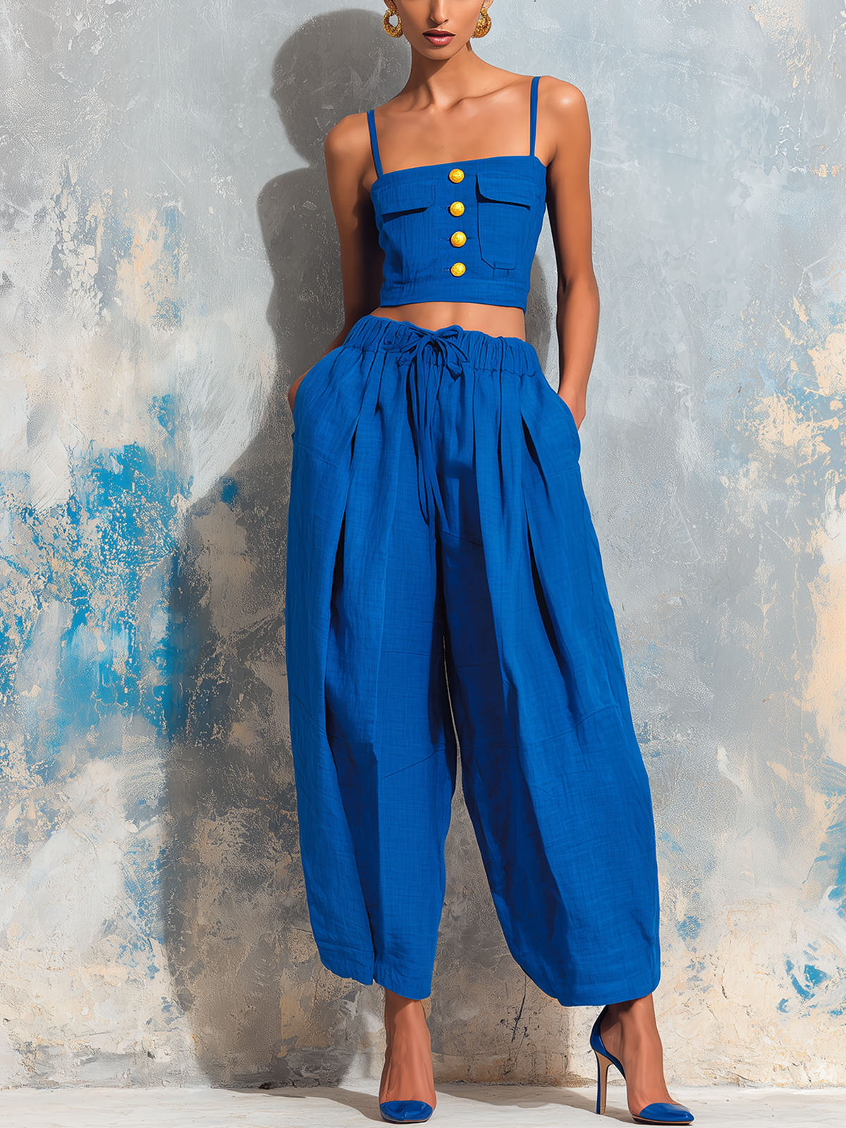 ElevenOra Chic Elegant Klein Blue Cotton-Linen Blend Spaghetti-Strap Square-Neck Sleeveless Button-Front Patch PocketsTank Top Wide-Leg Pants Two-Piece Set