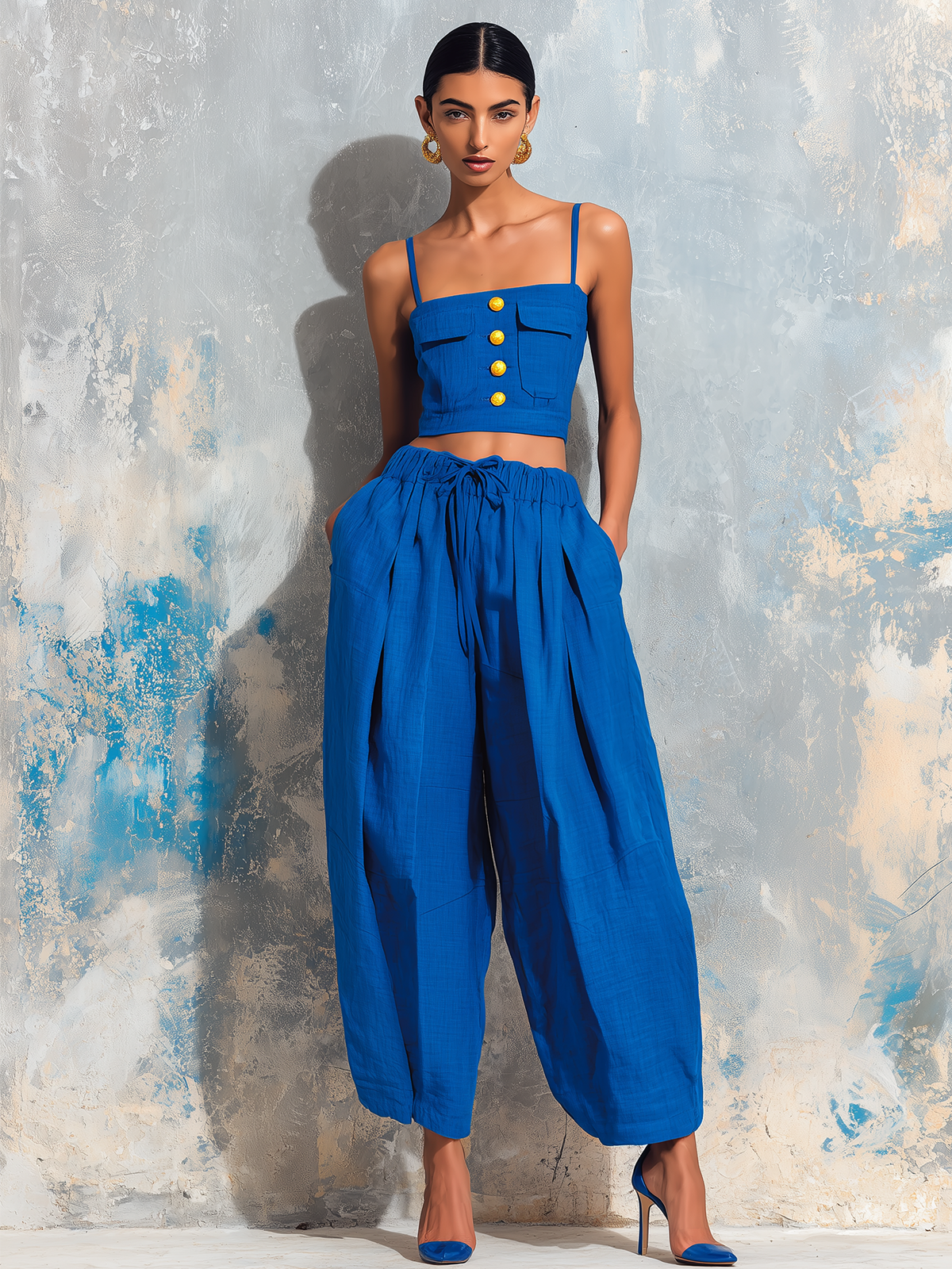 ElevenOra Chic Elegant Klein Blue Cotton-Linen Blend Spaghetti-Strap Square-Neck Sleeveless Button-Front Patch PocketsTank Top Wide-Leg Pants Two-Piece Set