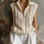 ElevenOra Chic Casual Off-White Lapel Collar V-Neck Sleeveless Loose-Fit Hollow-Out Knit Vest Top