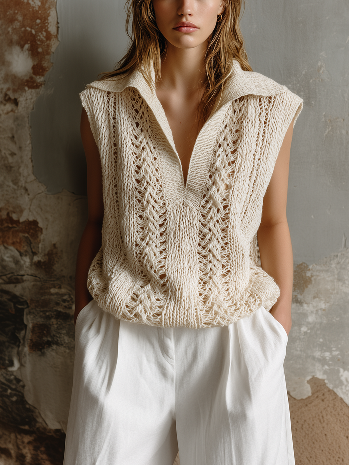 ElevenOra Chic Casual Off-White Lapel Collar V-Neck Sleeveless Loose-Fit Hollow-Out Knit Vest Top