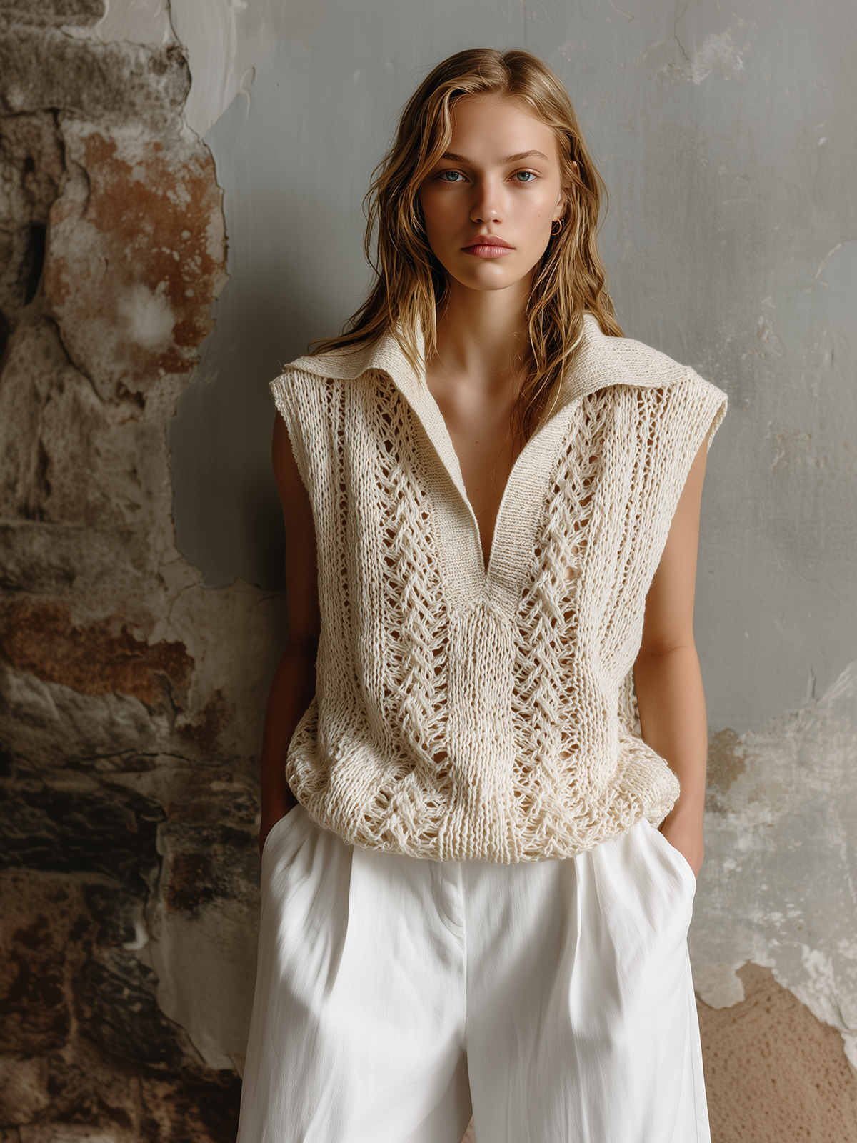 ElevenOra Chic Casual Off-White Lapel Collar V-Neck Sleeveless Loose-Fit Hollow-Out Knit Vest Top
