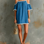 ElevenOra Chic Elegant Blue Cotton-Linen Blend Square-Neck Short-Sleeve Shoulder Cutout Star Fringe Detail Loose-Fit Mini Dress