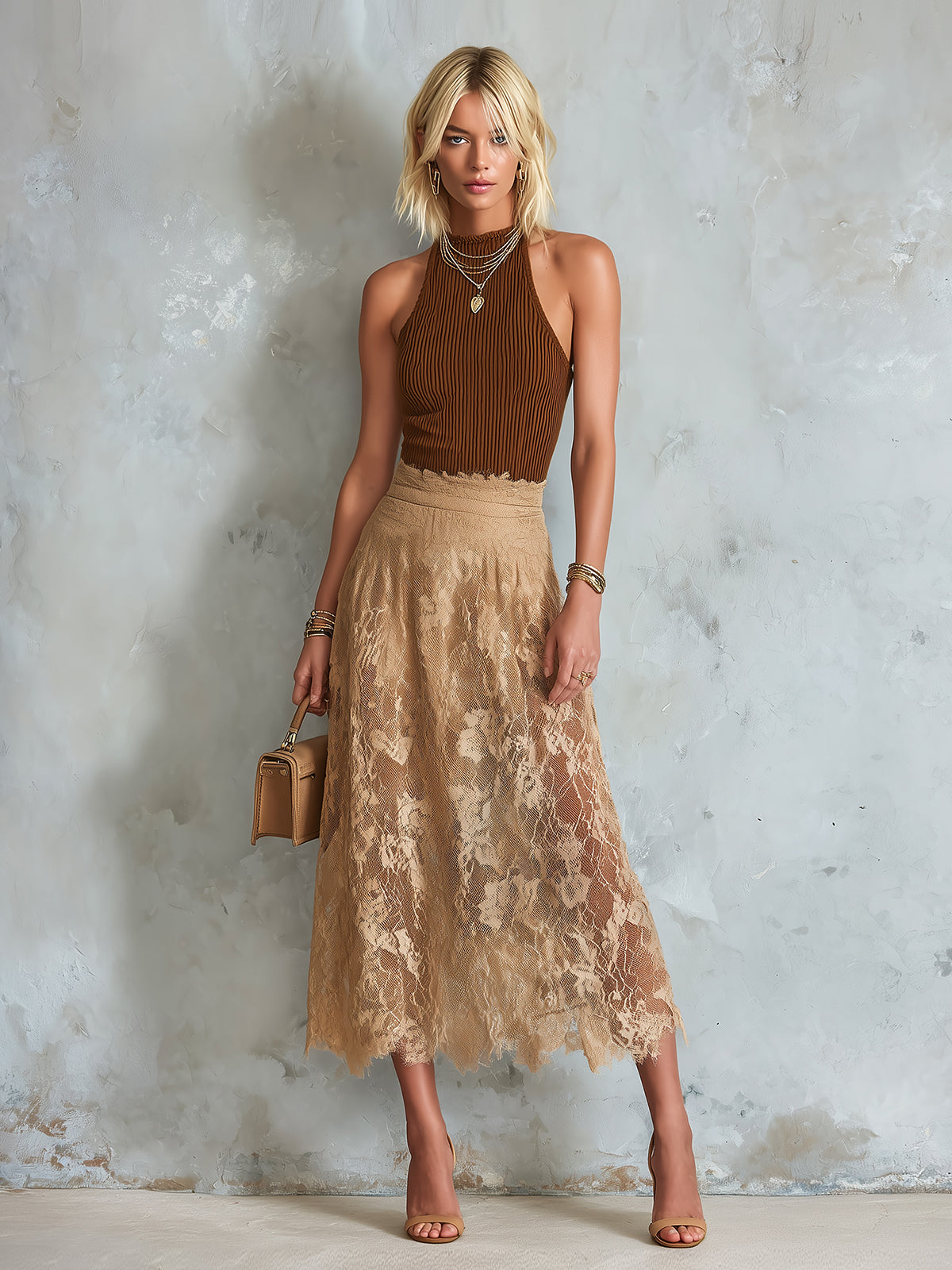 ElevenOra Chic Elegant Brown Sleeveless Slim-Fit Rib Tank Top Camel Lace A-Line Midi Skirt Two-Piece Set