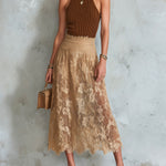 ElevenOra Chic Elegant Brown Sleeveless Slim-Fit Rib Tank Top Camel Lace A-Line Midi Skirt Two-Piece Set
