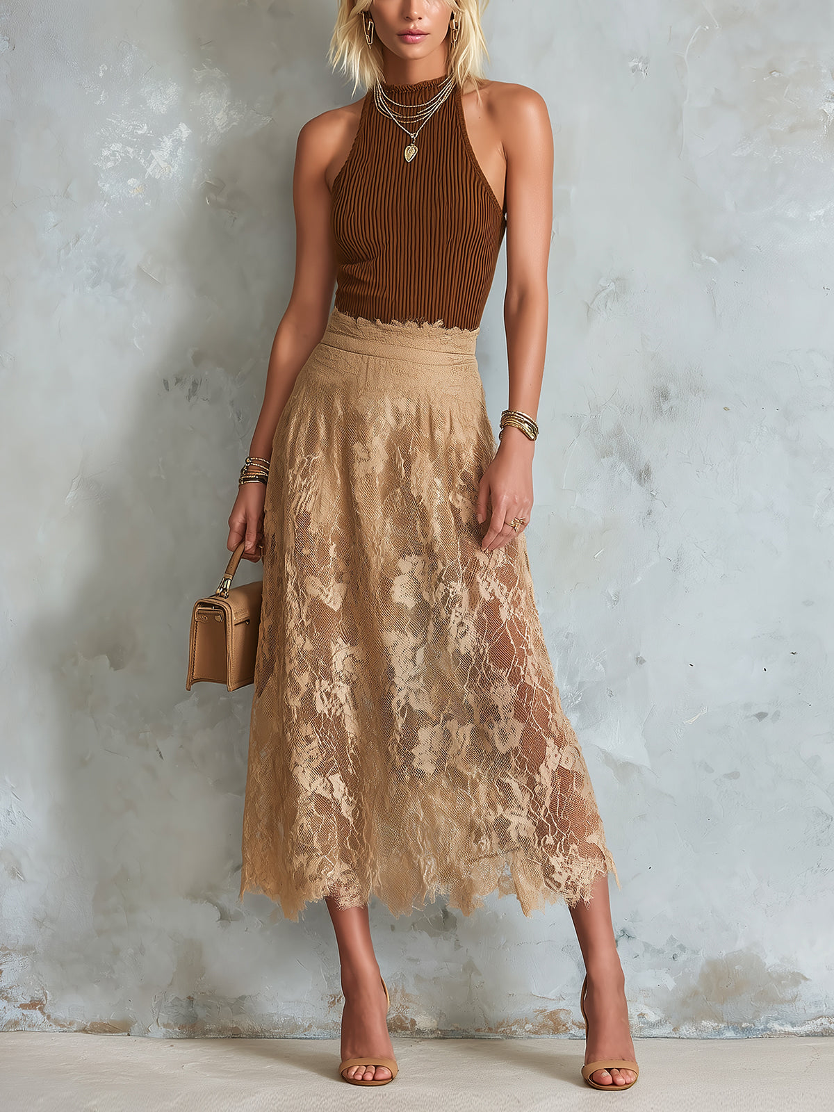 ElevenOra Chic Elegant Brown Sleeveless Slim-Fit Rib Tank Top Camel Lace A-Line Midi Skirt Two-Piece Set