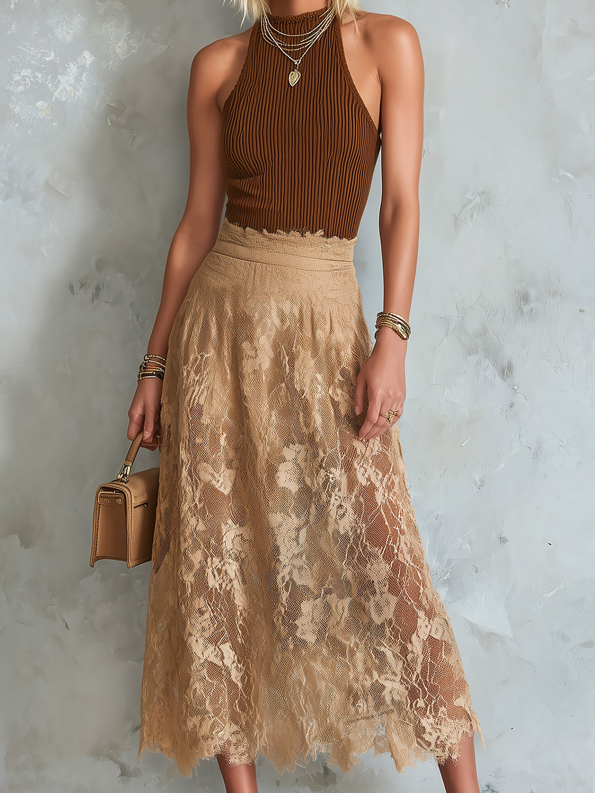 ElevenOra Chic Elegant Brown Sleeveless Slim-Fit Rib Tank Top Camel Lace A-Line Midi Skirt Two-Piece Set