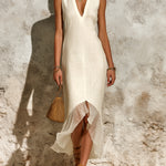 ElevenOra Chic Elegant Beige Cotton-Linen Blend V-Neck Sleeveless Mesh Patchwork Asymmetrical Hem A-Line Midi Dress