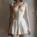 ElevenOra Chic Elegant White Wide Straps Sweetheart-Neck Corset-Style Bodice Button-Front Sleeveless Pleated A-Line Ribbed Fabric Mini Dress