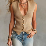 ElevenOra Chic Elegant Camel Deep V-Neck Sleeveless Single-Breasted Slim-Fit Ribbed Knit Vest Top