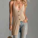 ElevenOra Chic Elegant Camel Halter V-Neck Sleeveless Single-Breasted Slim-Fit Ribbed Knit Vest Top