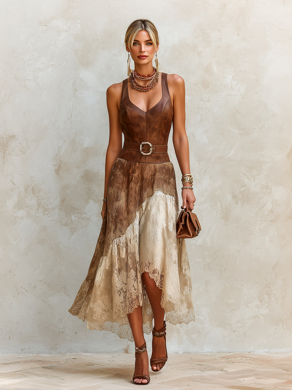 ElevenOra Chic Elegant Brown-Beige Colorblock Diamond-Neck Sleeveless Slim-Fit Belted PU Vest Top Lace A-Line Asymmetrical Hem Midi Skirt Two-Piece Set