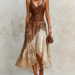 ElevenOra Chic Elegant Brown-Beige Colorblock Diamond-Neck Sleeveless Slim-Fit Belted PU Vest Top Lace A-Line Asymmetrical Hem Midi Skirt Two-Piece Set