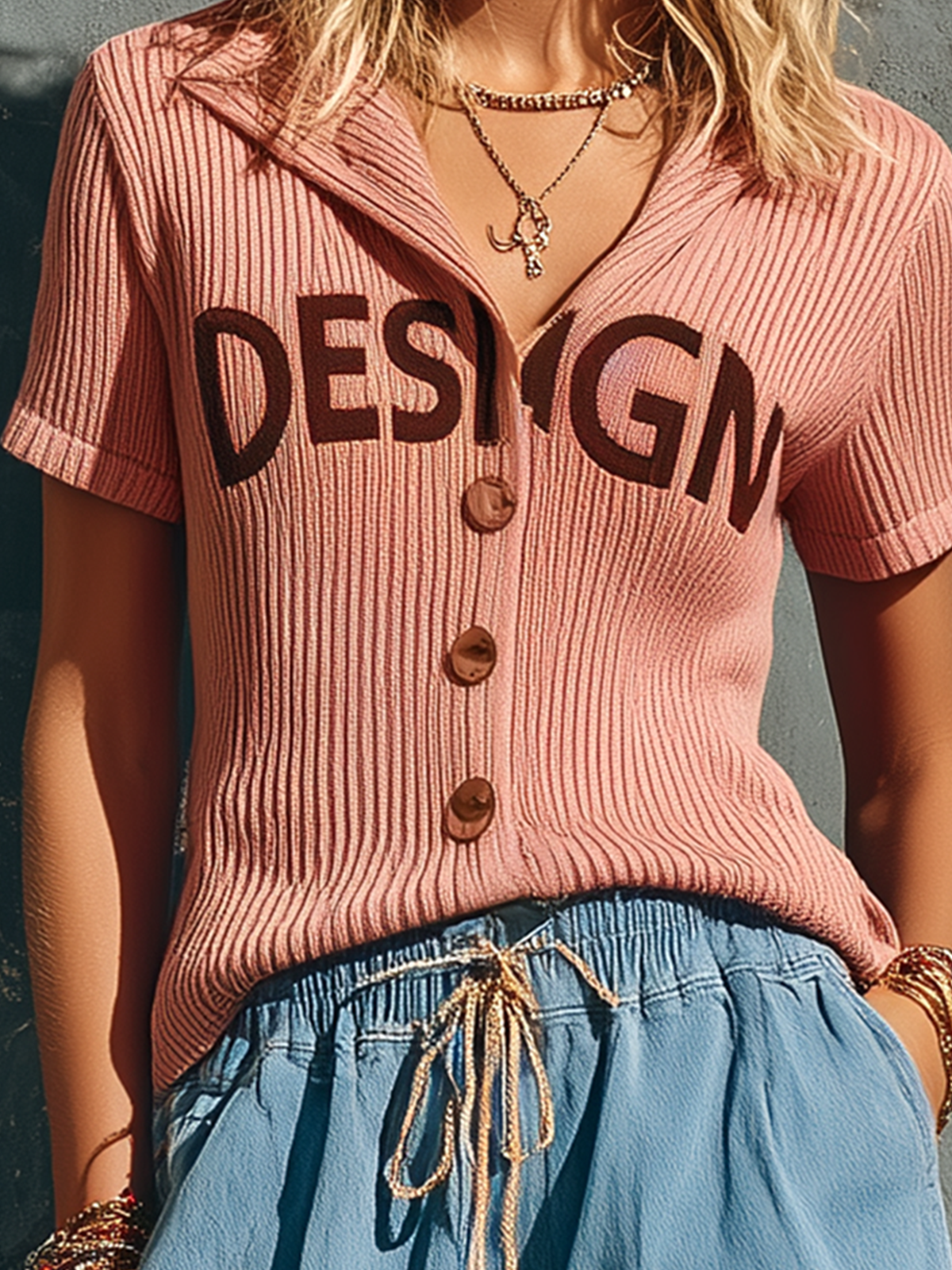 ElevenOra Chic Casual Dusty Pink Lapel Collar Single-Breasted Letter Embroidery Short-Sleeve Slim-Fit Ribbed Knit Sweater Top