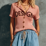 ElevenOra Chic Casual Dusty Pink Lapel Collar Single-Breasted Letter Embroidery Short-Sleeve Slim-Fit Ribbed Knit Sweater Top