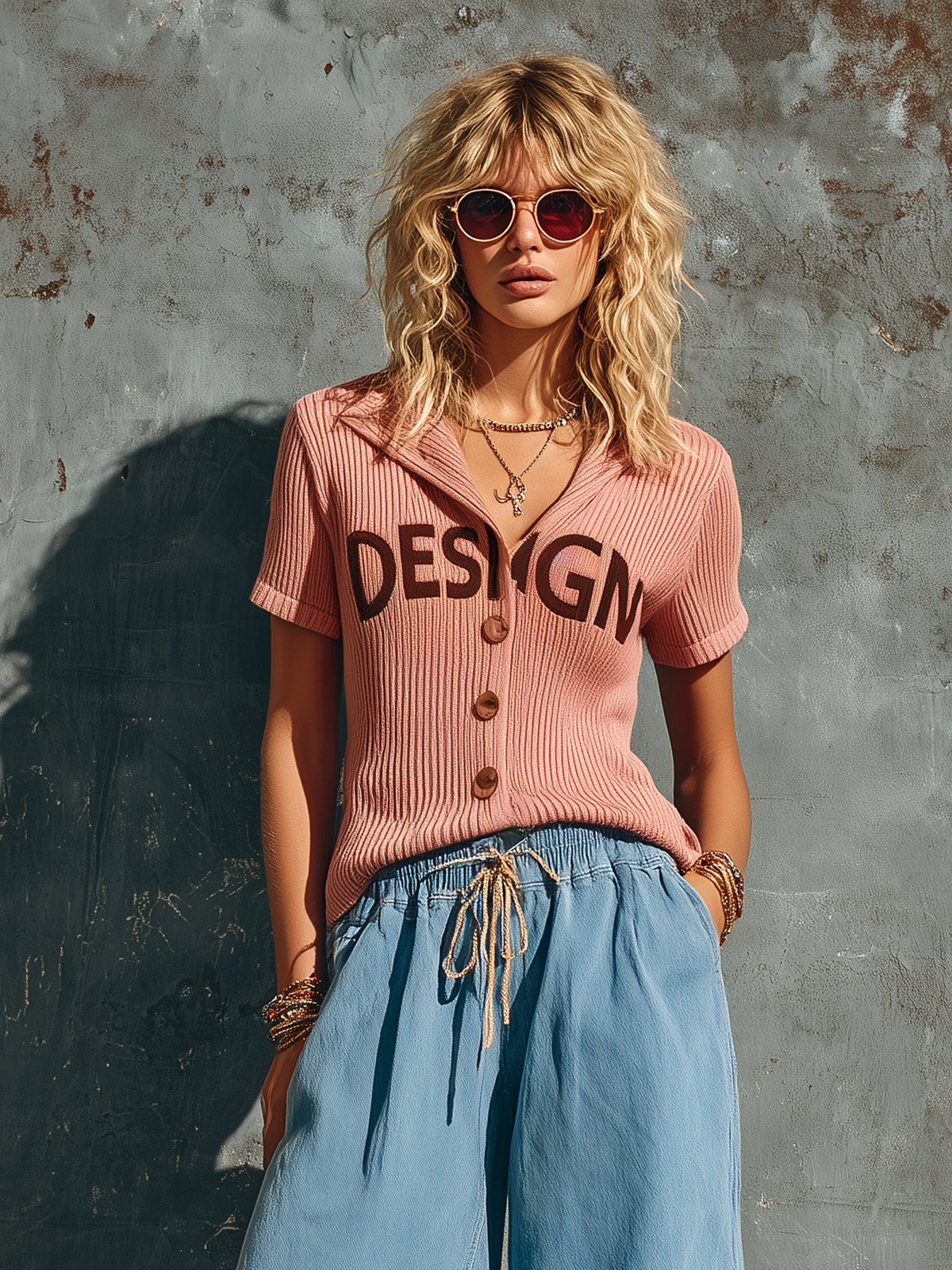 ElevenOra Chic Casual Dusty Pink Lapel Collar Single-Breasted Letter Embroidery Short-Sleeve Slim-Fit Ribbed Knit Sweater Top