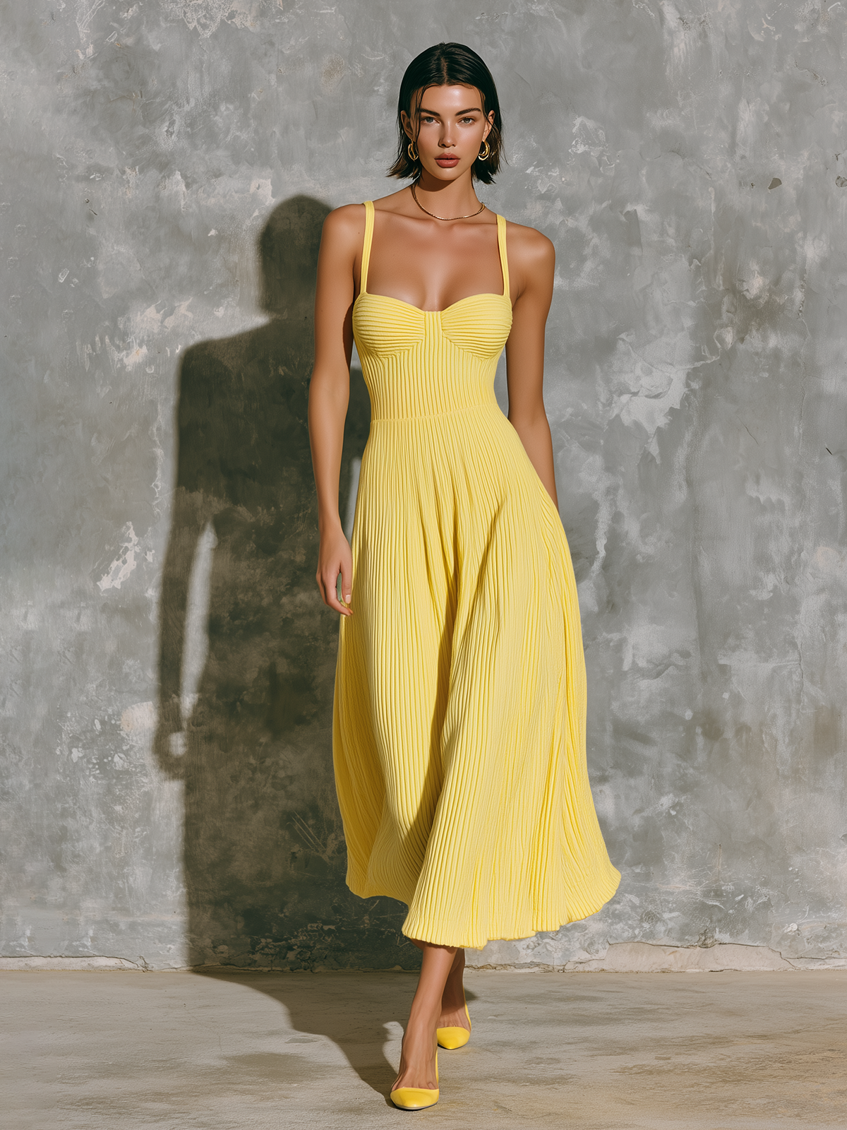 ElevenOra Chic Elegant Bright Yellow Spaghetti Straps Sweetheart-Neck Sleeveless Slim-Fit A-Line Ribbed Fabric Midi Dress