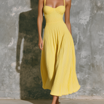 ElevenOra Chic Elegant Bright Yellow Spaghetti Straps Sweetheart-Neck Sleeveless Slim-Fit A-Line Ribbed Fabric Midi Dress