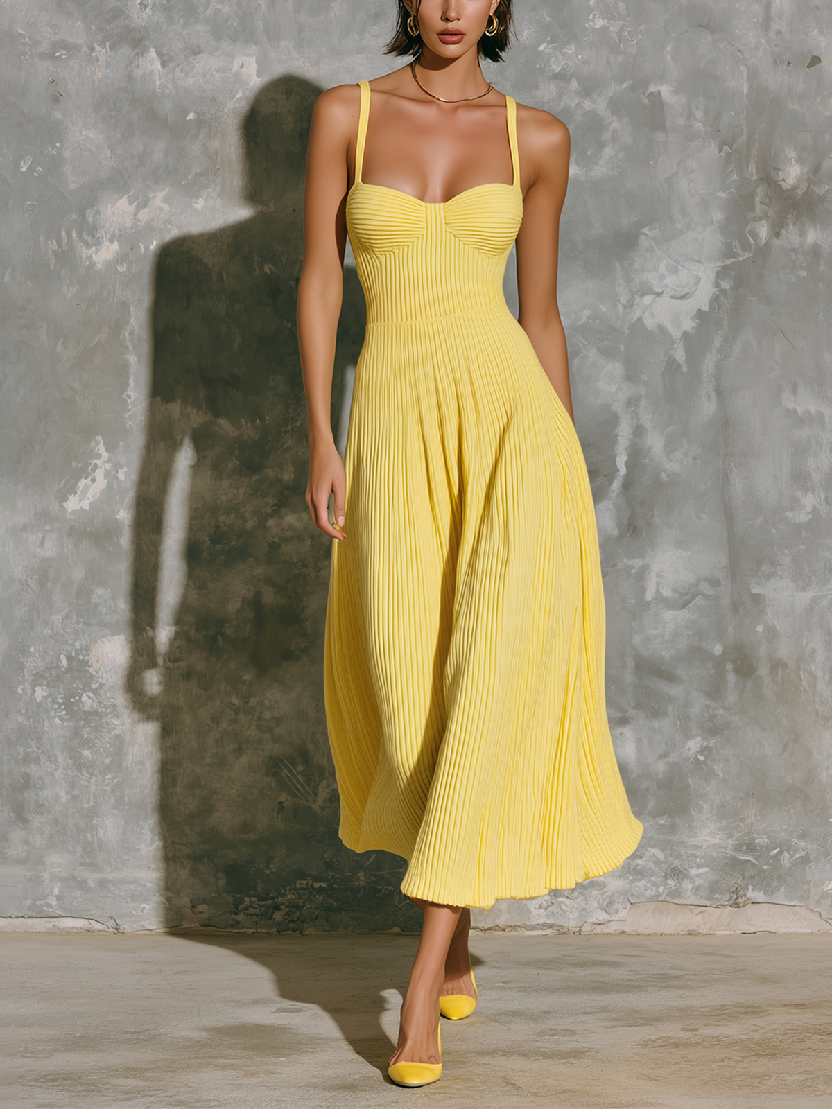 ElevenOra Chic Elegant Bright Yellow Spaghetti Straps Sweetheart-Neck Sleeveless Slim-Fit A-Line Ribbed Fabric Midi Dress