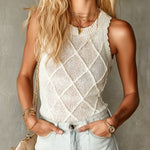 ElevenOra Chic Elegant Cream White 3D Argyle Jacquard Round-Neck Sleeveless Slim-Fit Knit Vest Top