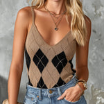 ElevenOra Chic Elegant Camel-Black Colorblock Argyle Jacquard Spaghetti-Strap Sleeveless Slim-Fit Knit Tank Top