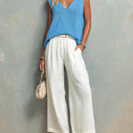 ElevenOra Chic Elegant Blue V-Neck Sleeveless Oversize Knit Vest White Cotton Blend Belted Wide-Leg Pants Two-Piece Set