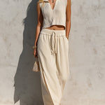 ElevenOra Chic Elegant Beige Lapel V-Neck Ribbed Knit Vest Cotton-Linen Blend Drawstring-Waist Maxi Skirt Loose-Fit Two-Piece Set
