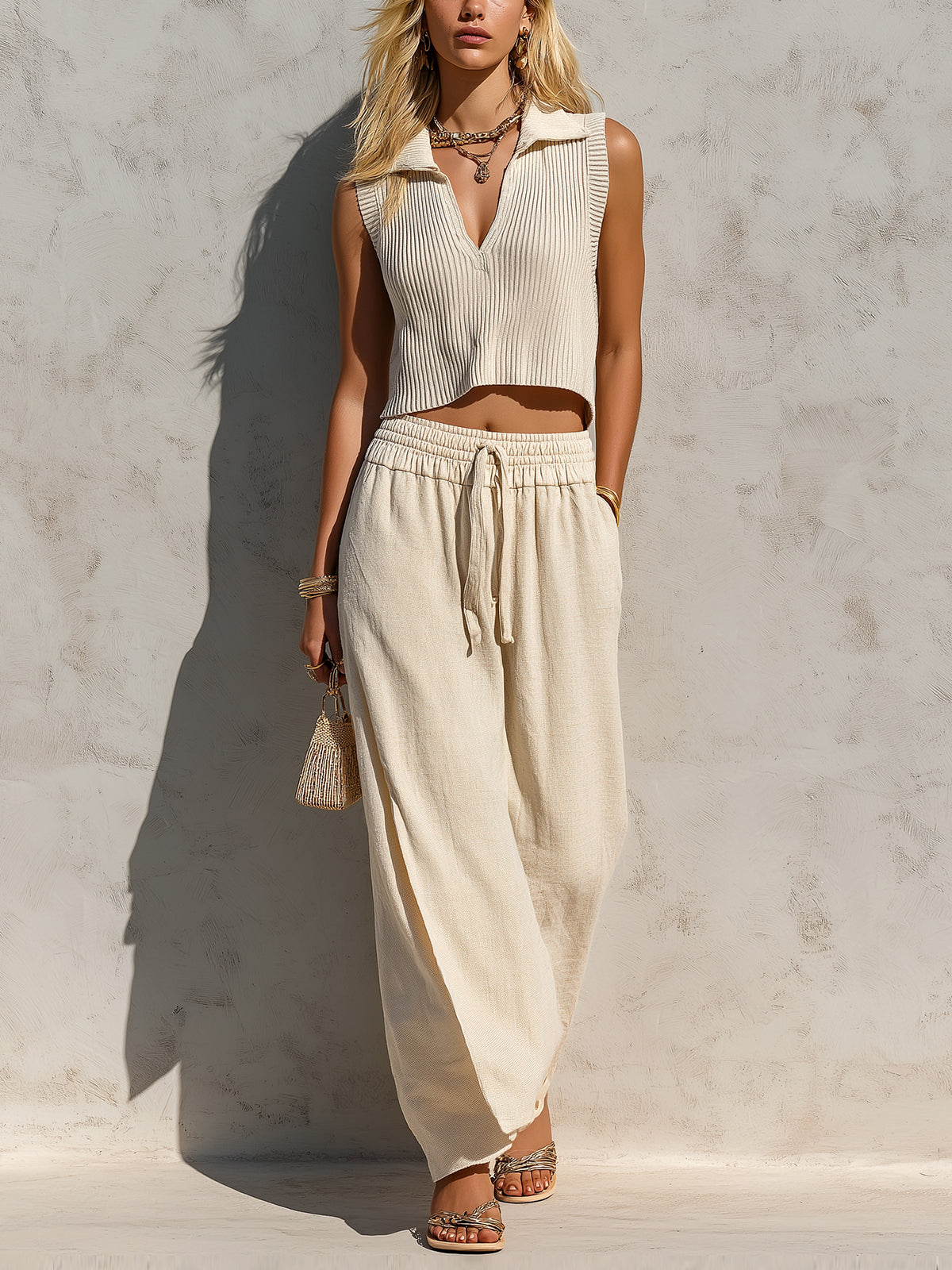 ElevenOra Chic Elegant Beige Lapel V-Neck Ribbed Knit Vest Cotton-Linen Blend Drawstring-Waist Maxi Skirt Loose-Fit Two-Piece Set