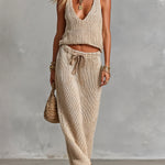 ElevenOra Chic Elegant Light Camel Deep V-Neck Vest Drawstring-Waist Maxi Skirt Regular-Fit Breathable Ribbed Knit Two-Piece Set